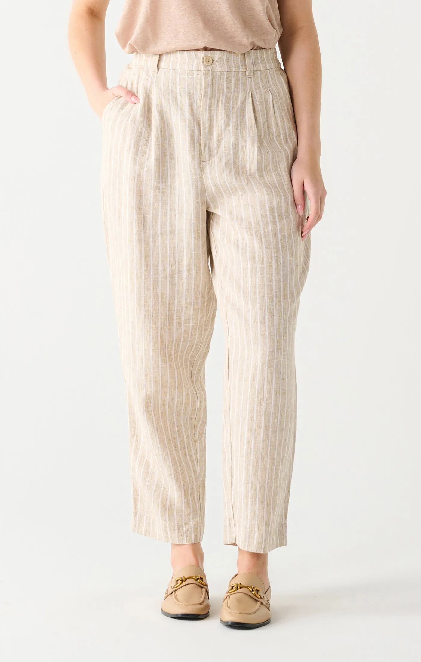 High Waist Tapered Linen Pant in Taupe/ Cream Stripe