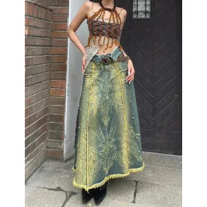 High Waist Tassels Denim Skirt Baggy Vintage Pants
