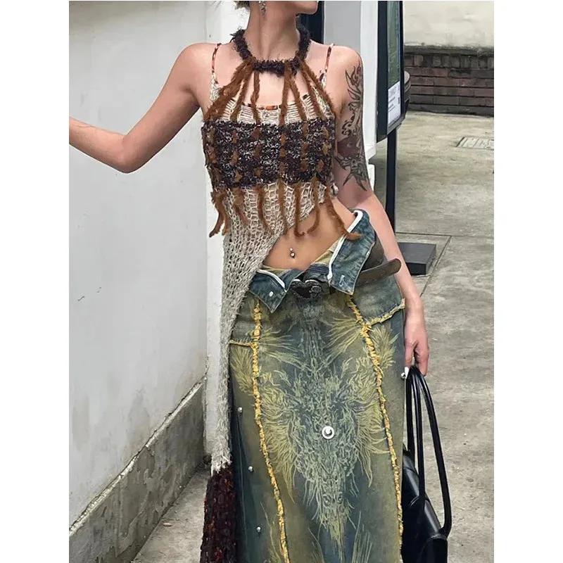 High Waist Tassels Denim Skirt Baggy Vintage Pants