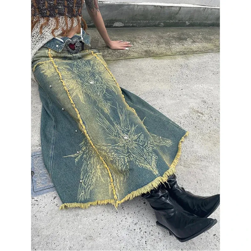 High Waist Tassels Denim Skirt Baggy Vintage Pants