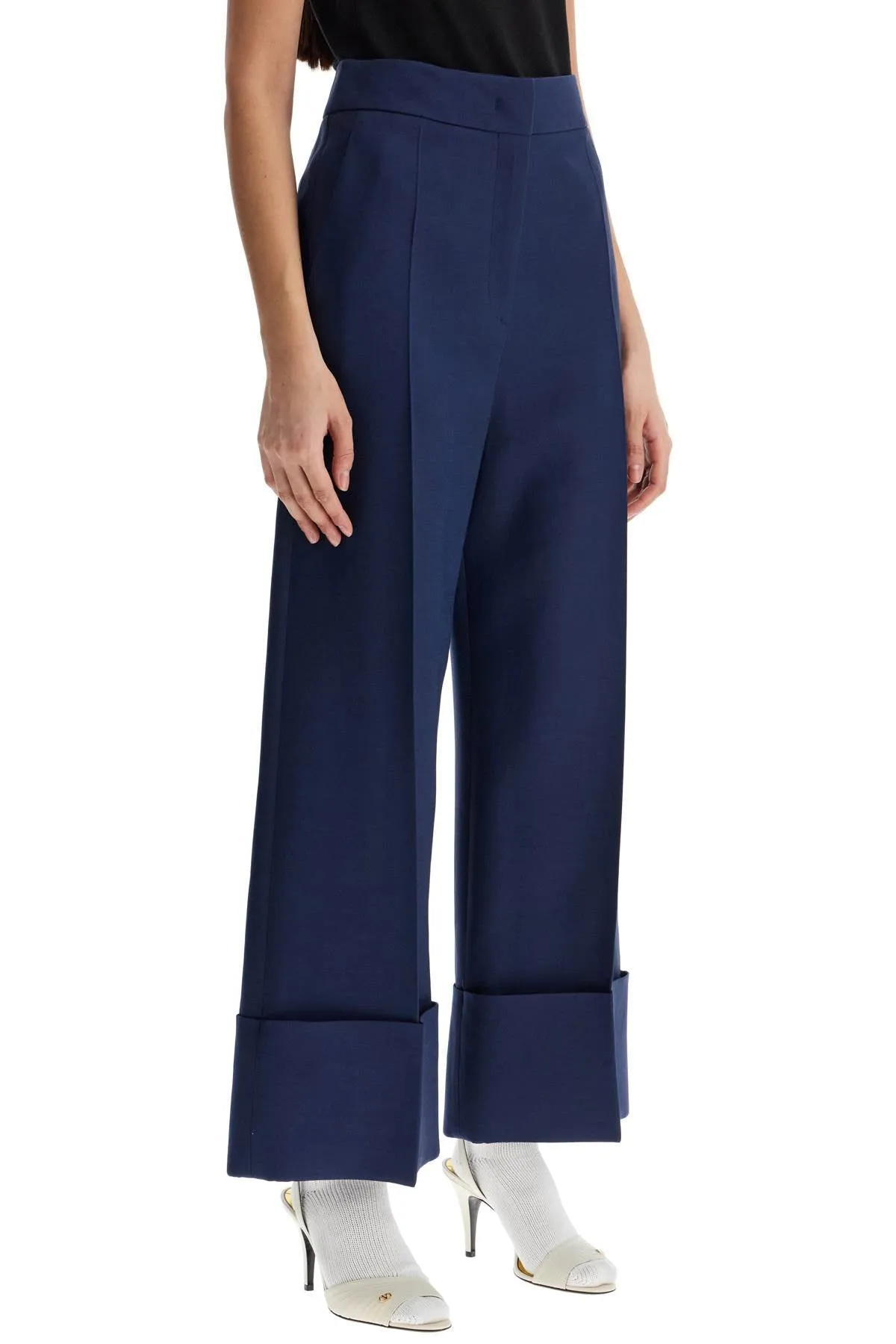 High-waisted Wide Leg Pants In Silk And Wool Indigo