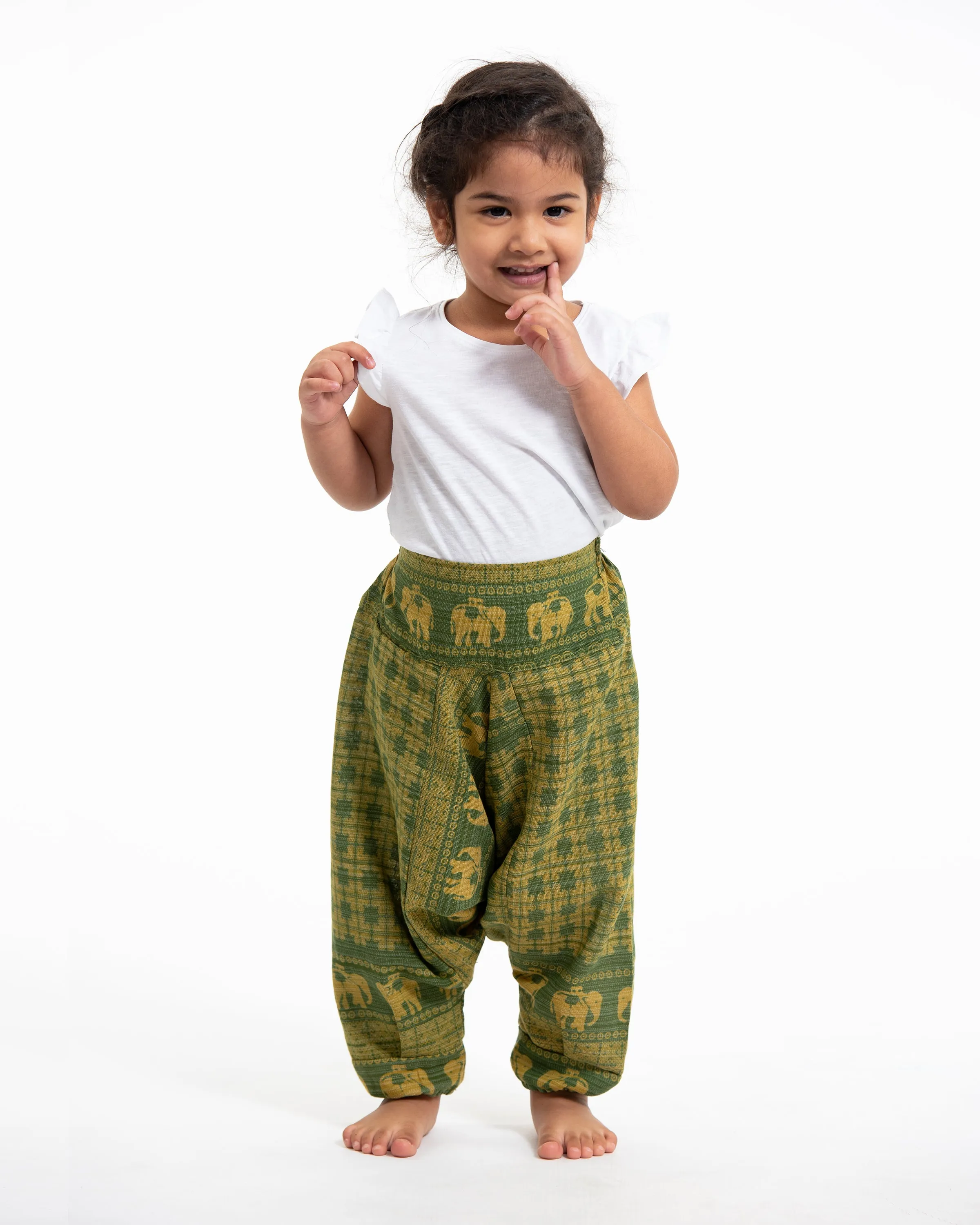 Hill Tribe Elephant Kids Harem Pants in Green