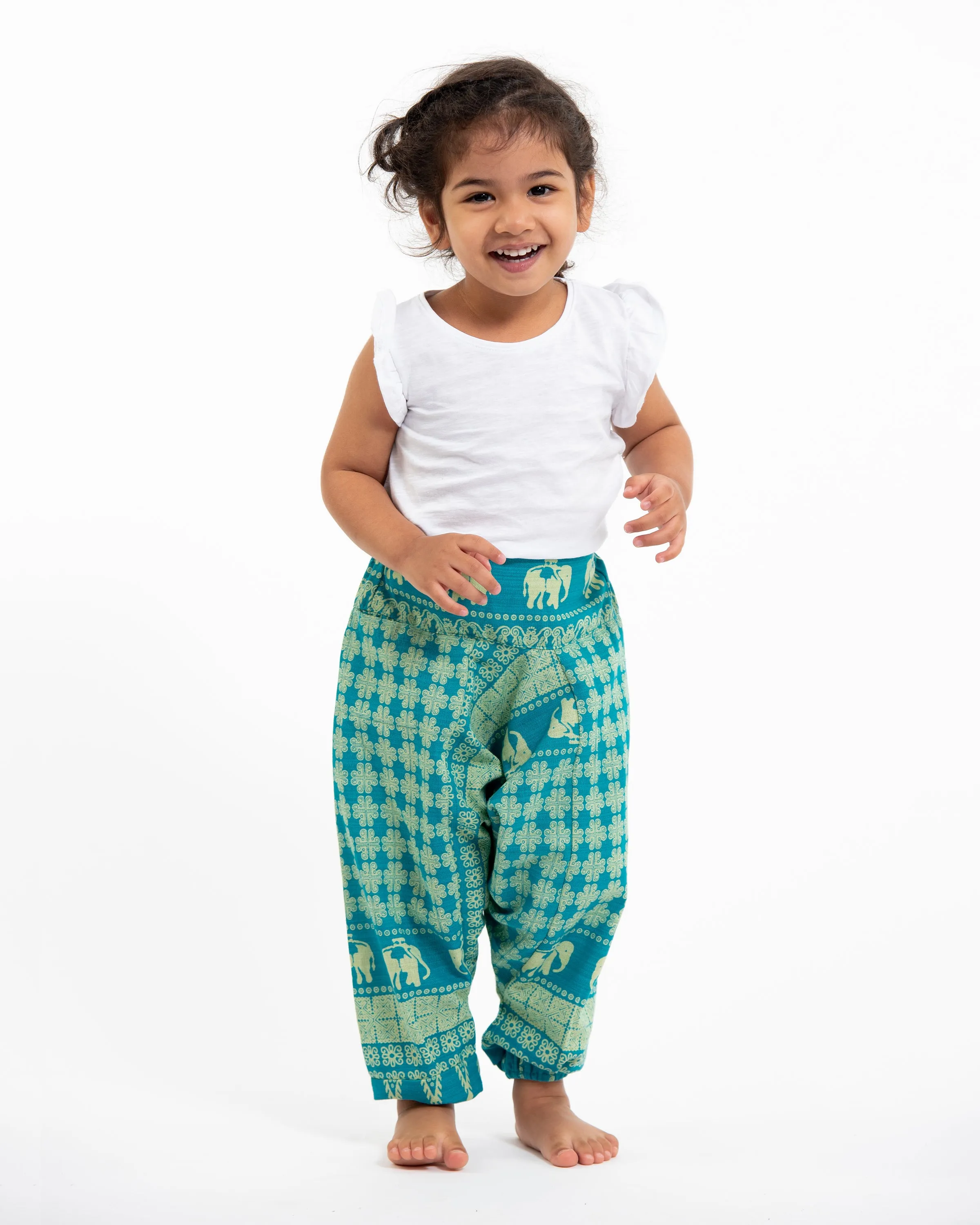 Hill Tribe Elephant Kids Harem Pants in Turquoise