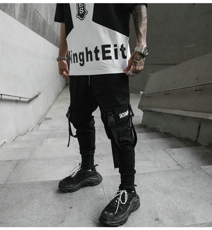Hip Hop Joggers Men Black Harem Pants Multi-pocket Ribbons Sweatpant