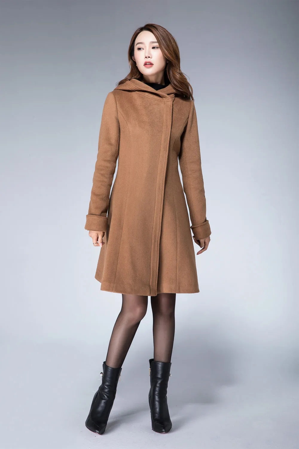 Hoodie jacket, camel coat, wool coat, minimalist coat, ladies coat 1864