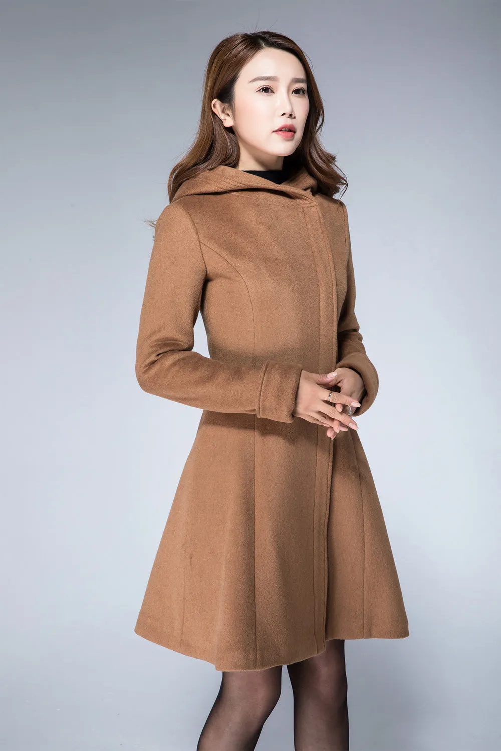 Hoodie jacket, camel coat, wool coat, minimalist coat, ladies coat 1864