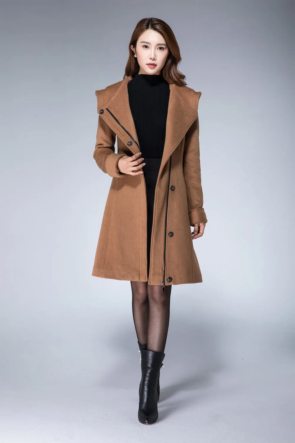 Hoodie jacket, camel coat, wool coat, minimalist coat, ladies coat 1864
