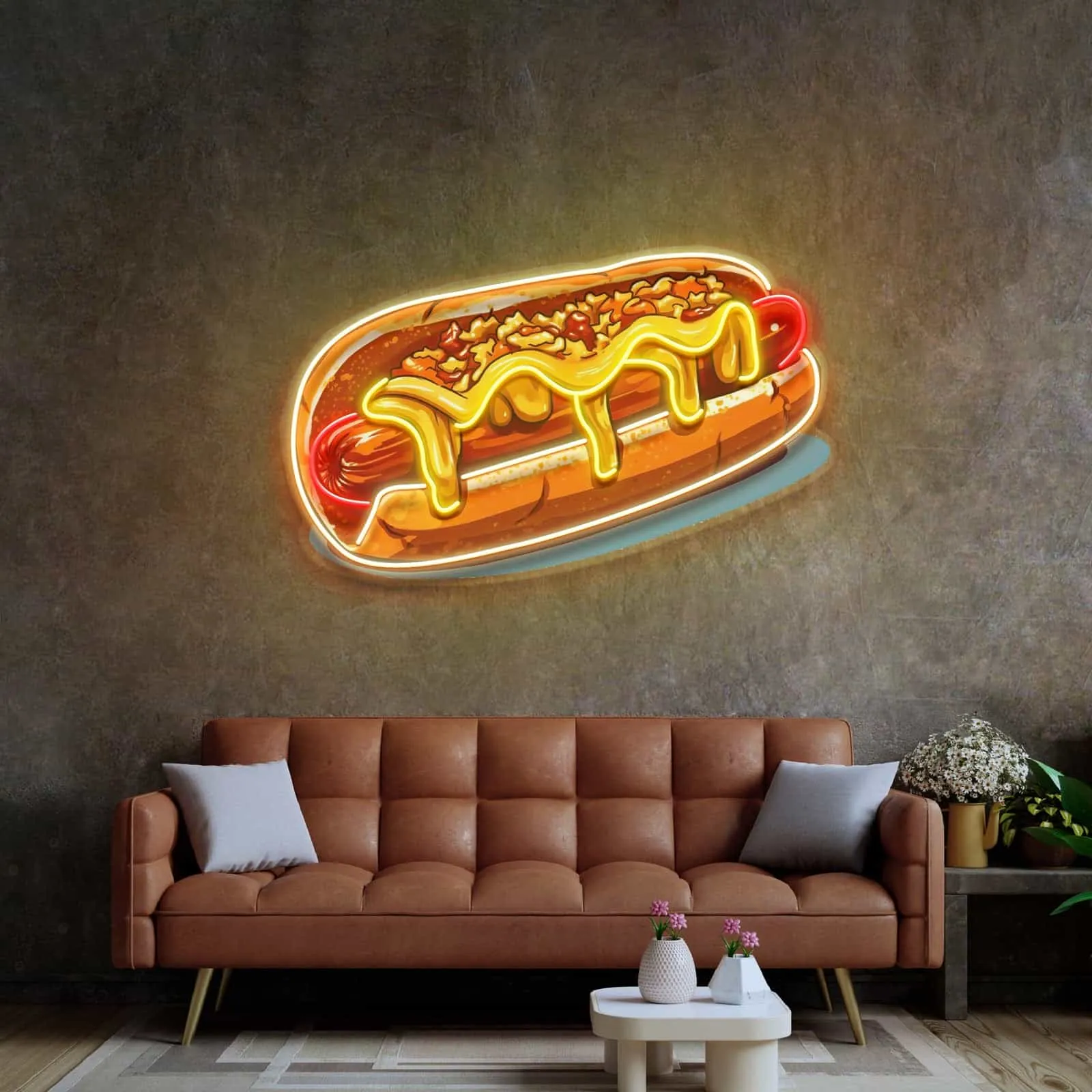 Hot Dog Neon Sign Fun Design with Mustard and Relish for Diners Cafes Kitchens