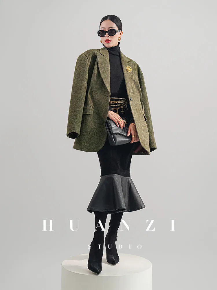 Huanzi high-end retro autumn and winter 100% wool waist suit jacket - Cassie