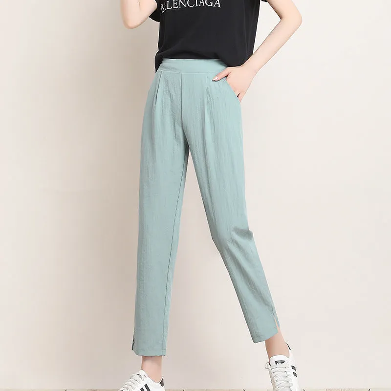 Ice Silk Cotton Blend Women Pants Harem Summer Outdoor Loose All-Matching High Waist Carrot Pants
