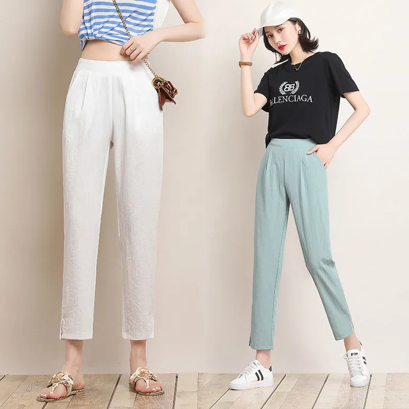 Ice Silk Cotton Blend Women Pants Harem Summer Outdoor Loose All-Matching High Waist Carrot Pants