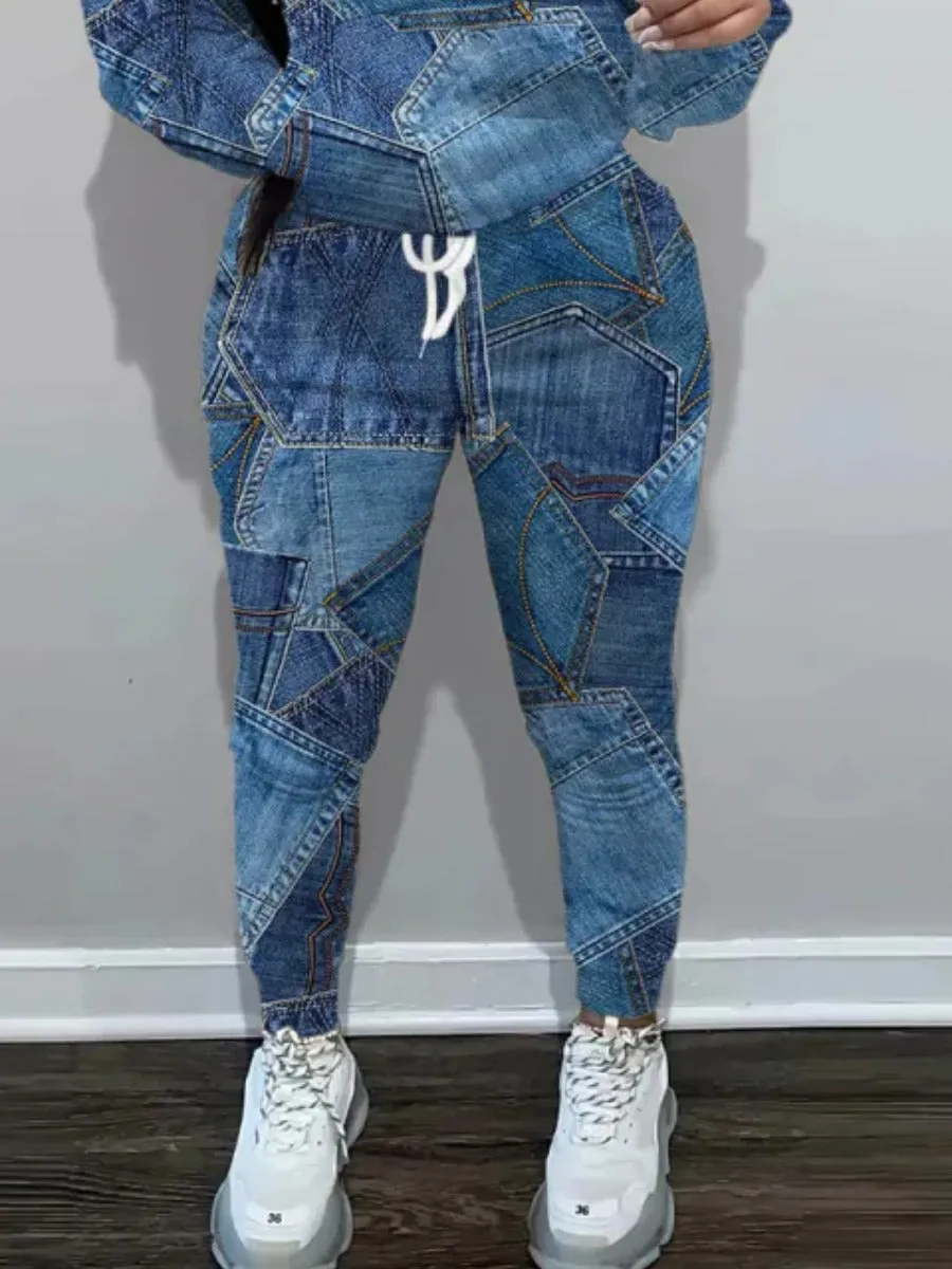 Imitation Denim High Waist Drawstring Loose Pants BO5028