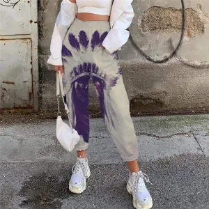 Indios Pants Women Feather Trouser Graffiti High Waist Pants Women Sweatpants