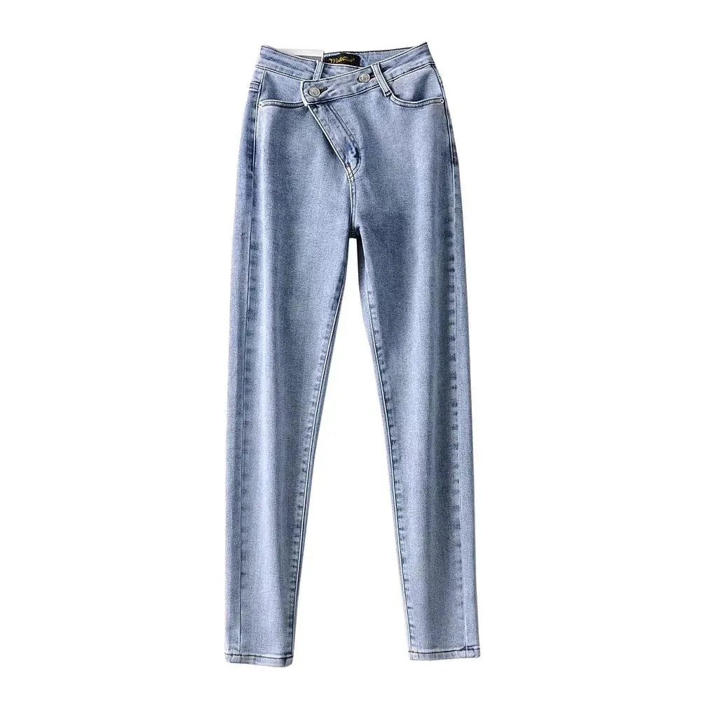 Irregular Diagonal Button High Waist Pencil Pants