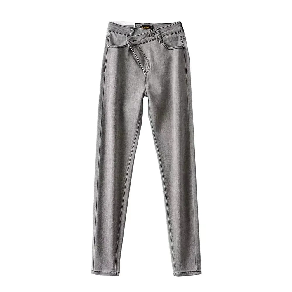 Irregular Diagonal Button High Waist Pencil Pants