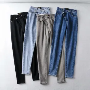 Irregular Diagonal Button High Waist Pencil Pants