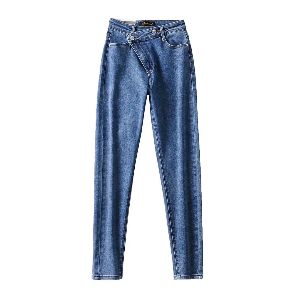 Irregular Diagonal Button High Waist Pencil Pants
