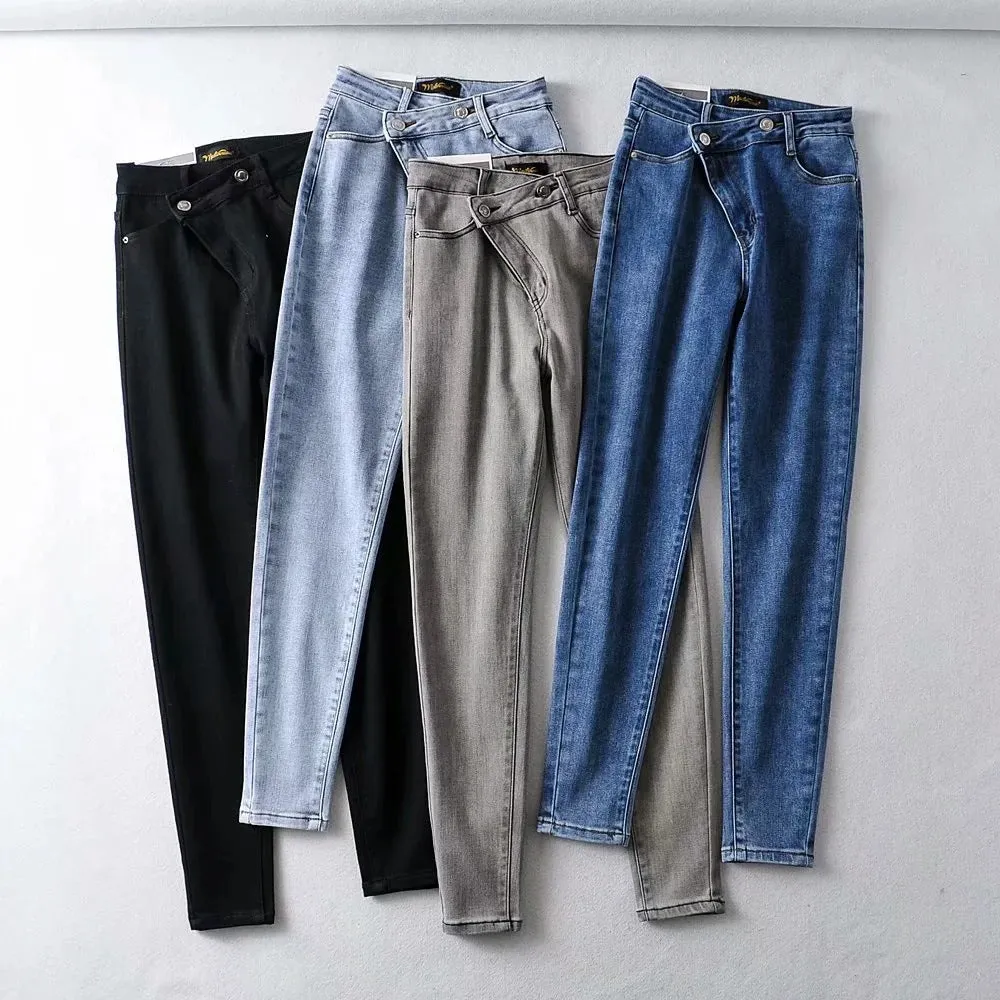 Irregular Diagonal Button High Waist Pencil Pants