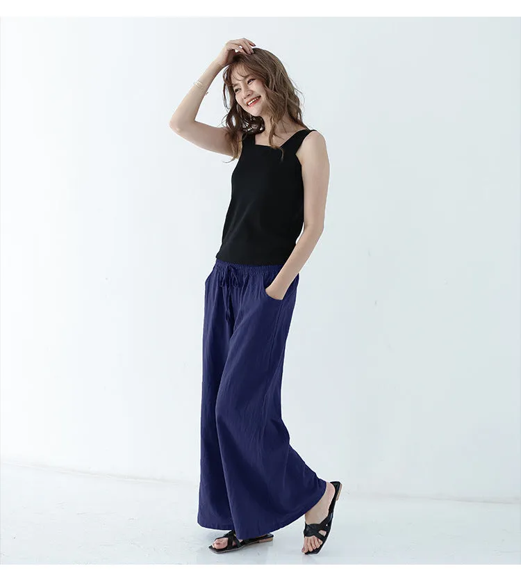 Japanese Wide Leg Pants Women Summer High Waist Cotton Blend Long Casual Loose Line Straight Jeans Drawstring Pants