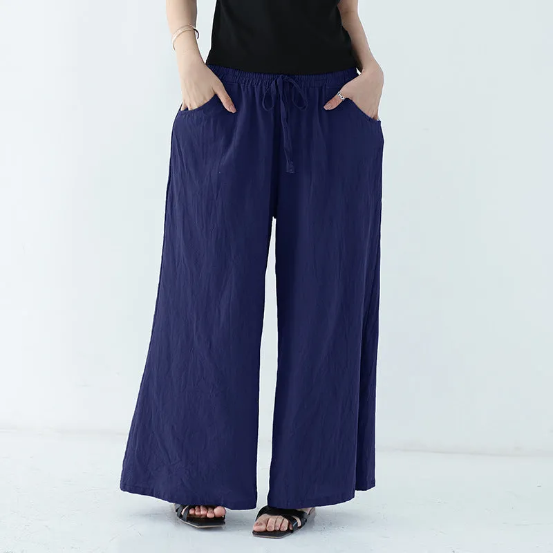 Japanese Wide Leg Pants Women Summer High Waist Cotton Blend Long Casual Loose Line Straight Jeans Drawstring Pants