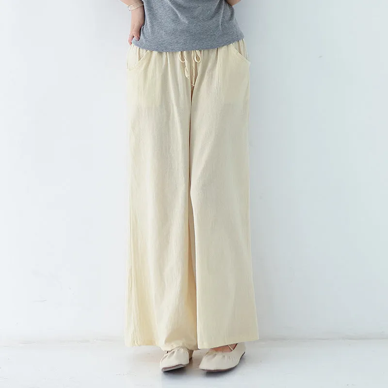 Japanese Wide Leg Pants Women Summer High Waist Cotton Blend Long Casual Loose Line Straight Jeans Drawstring Pants