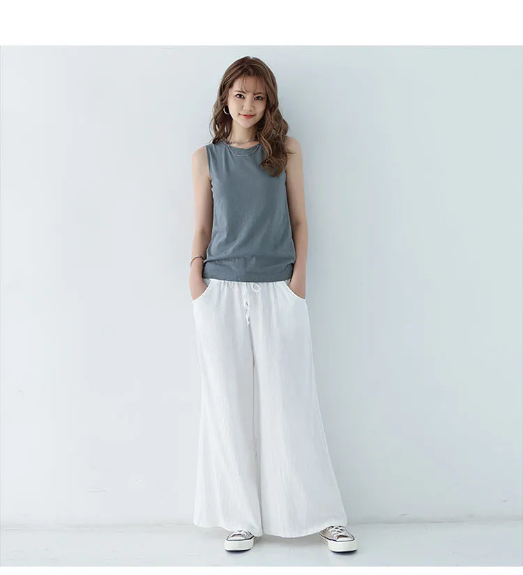 Japanese Wide Leg Pants Women Summer High Waist Cotton Blend Long Casual Loose Line Straight Jeans Drawstring Pants
