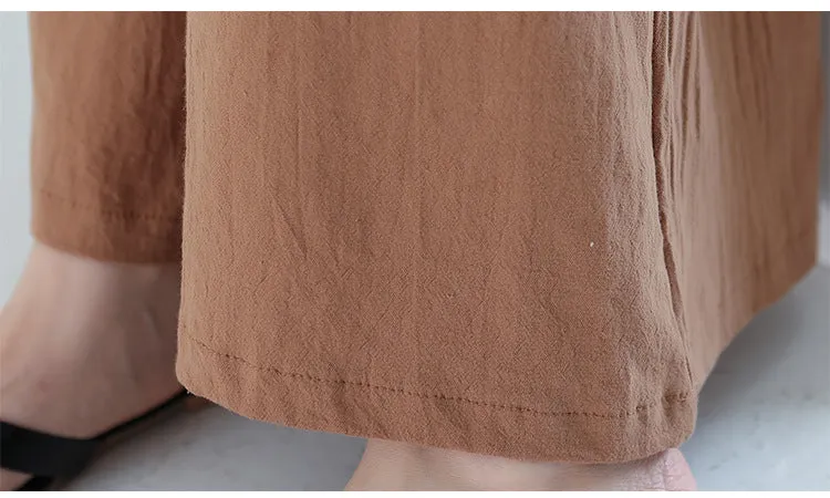 Japanese Wide Leg Pants Women Summer High Waist Cotton Blend Long Casual Loose Line Straight Jeans Drawstring Pants