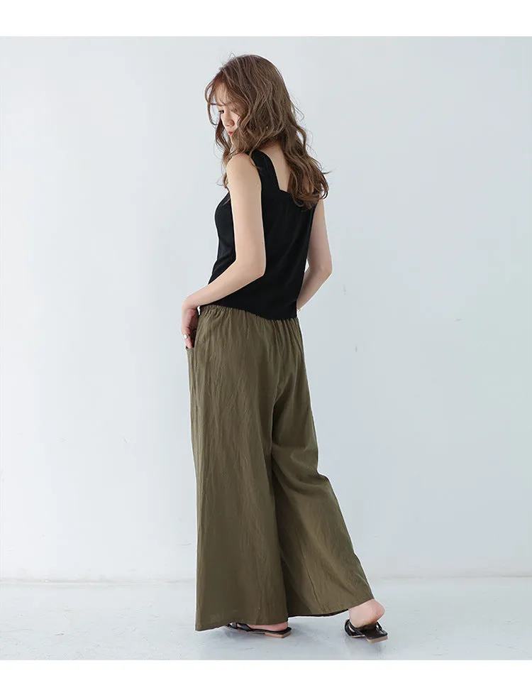 Japanese Wide Leg Pants Women Summer High Waist Cotton Blend Long Casual Loose Line Straight Jeans Drawstring Pants