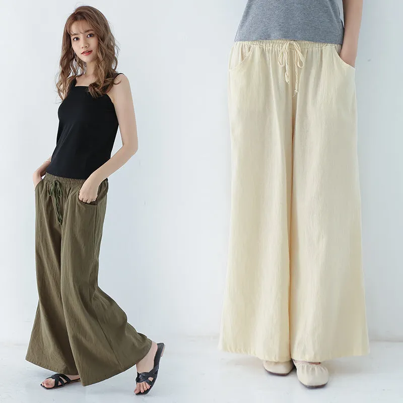 Japanese Wide Leg Pants Women Summer High Waist Cotton Blend Long Casual Loose Line Straight Jeans Drawstring Pants