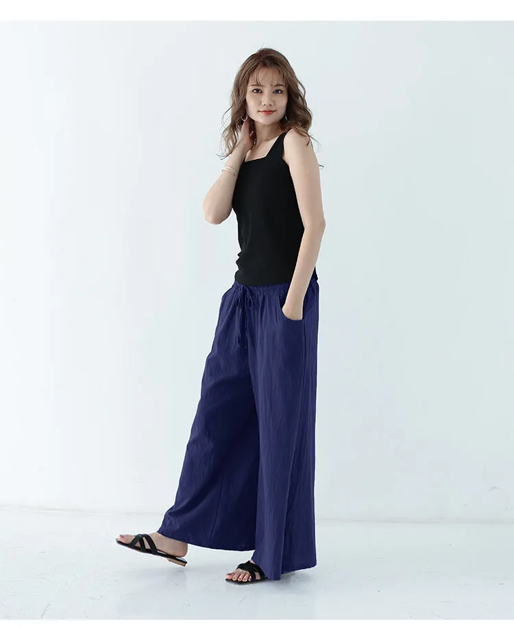 Japanese Wide Leg Pants Women Summer High Waist Cotton Blend Long Casual Loose Line Straight Jeans Drawstring Pants