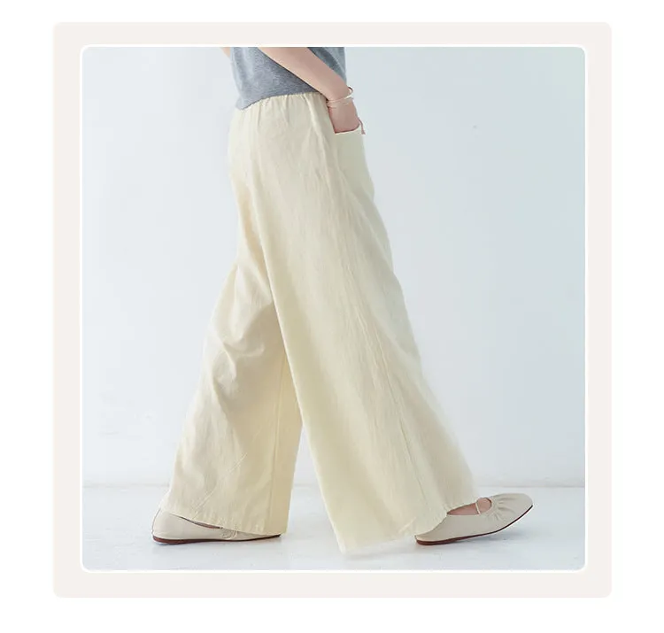 Japanese Wide Leg Pants Women Summer High Waist Cotton Blend Long Casual Loose Line Straight Jeans Drawstring Pants