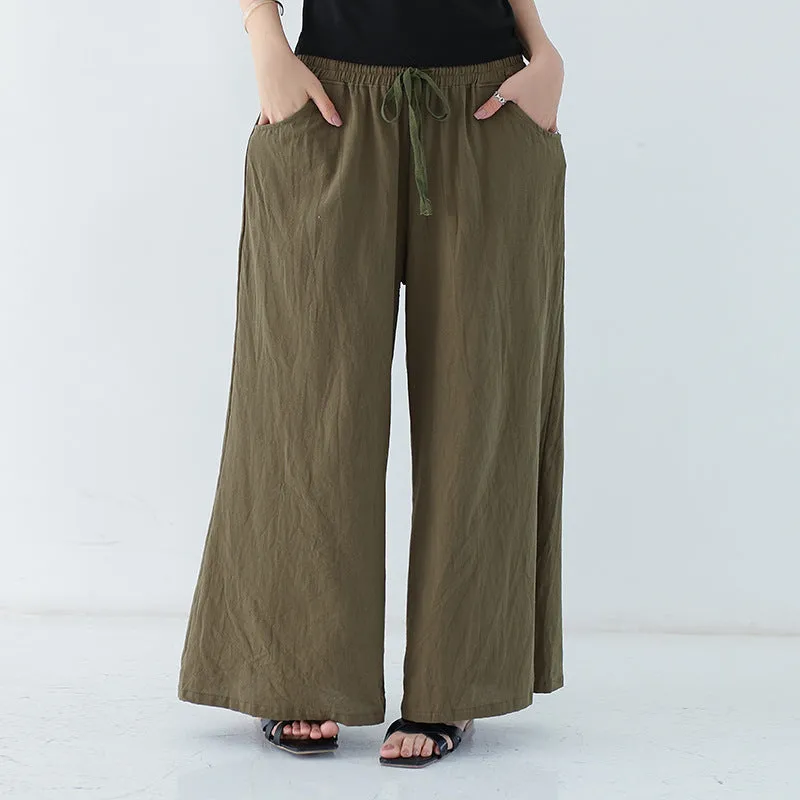 Japanese Wide Leg Pants Women Summer High Waist Cotton Blend Long Casual Loose Line Straight Jeans Drawstring Pants