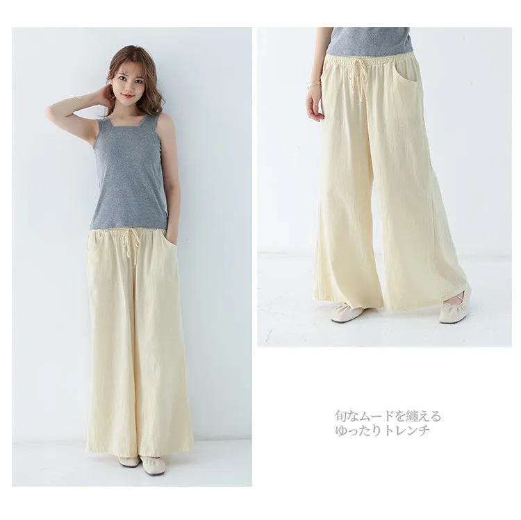 Japanese Wide Leg Pants Women Summer High Waist Cotton Blend Long Casual Loose Line Straight Jeans Drawstring Pants
