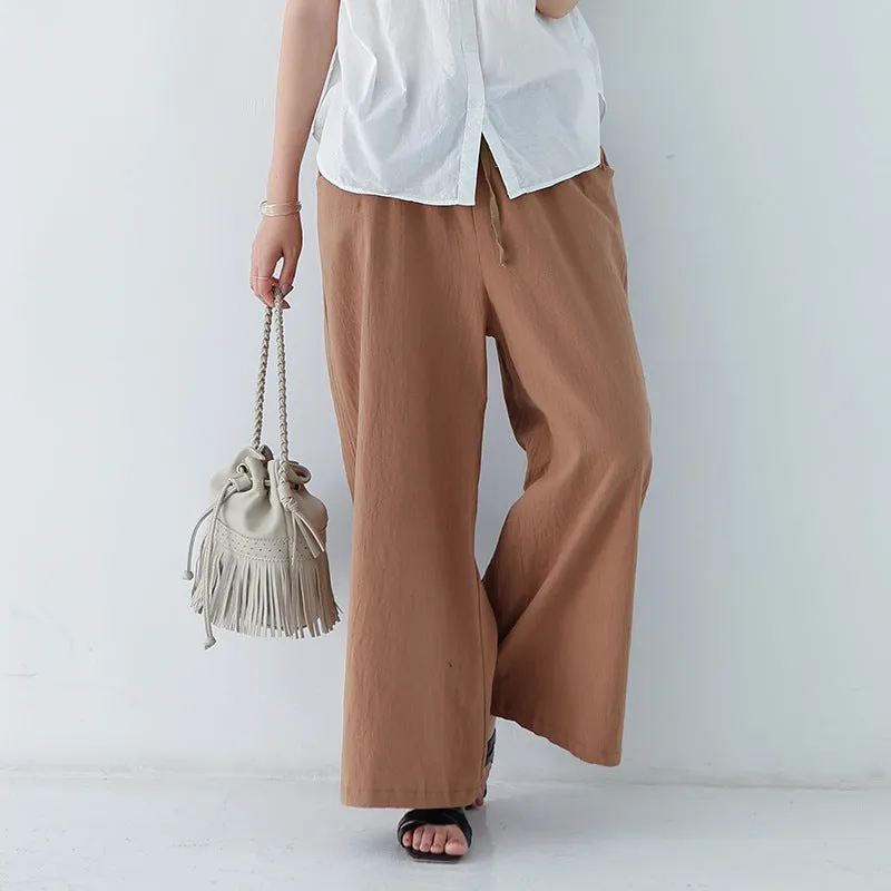 Japanese Wide Leg Pants Women Summer High Waist Cotton Blend Long Casual Loose Line Straight Jeans Drawstring Pants