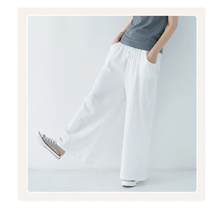 Japanese Wide Leg Pants Women Summer High Waist Cotton Blend Long Casual Loose Line Straight Jeans Drawstring Pants