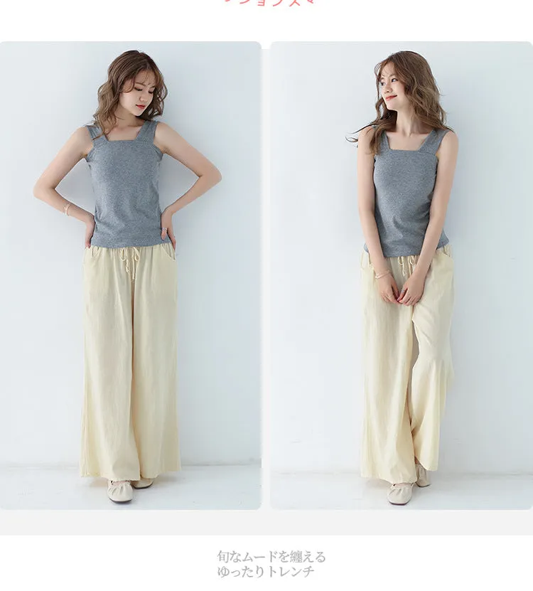 Japanese Wide Leg Pants Women Summer High Waist Cotton Blend Long Casual Loose Line Straight Jeans Drawstring Pants