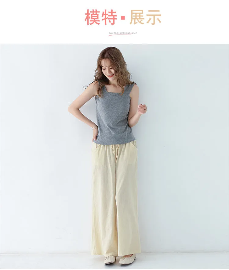 Japanese Wide Leg Pants Women Summer High Waist Cotton Blend Long Casual Loose Line Straight Jeans Drawstring Pants