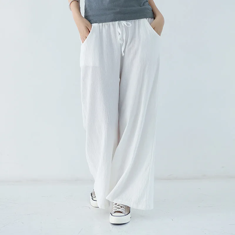 Japanese Wide Leg Pants Women Summer High Waist Cotton Blend Long Casual Loose Line Straight Jeans Drawstring Pants