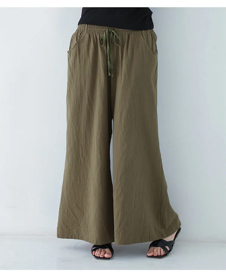 Japanese Wide Leg Pants Women Summer High Waist Cotton Blend Long Casual Loose Line Straight Jeans Drawstring Pants
