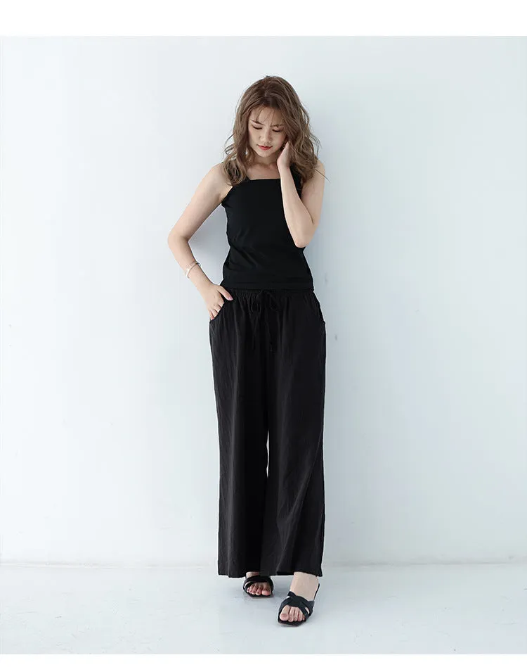 Japanese Wide Leg Pants Women Summer High Waist Cotton Blend Long Casual Loose Line Straight Jeans Drawstring Pants