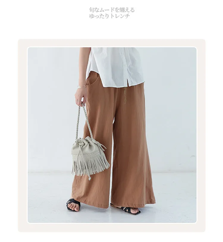 Japanese Wide Leg Pants Women Summer High Waist Cotton Blend Long Casual Loose Line Straight Jeans Drawstring Pants