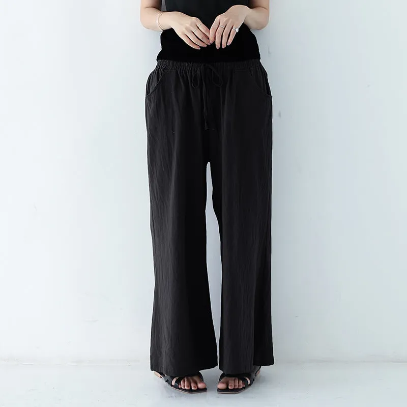 Japanese Wide Leg Pants Women Summer High Waist Cotton Blend Long Casual Loose Line Straight Jeans Drawstring Pants