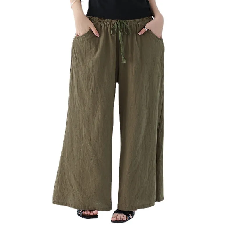 Japanese Wide Leg Pants Women Summer High Waist Cotton Blend Long Casual Loose Line Straight Jeans Drawstring Pants