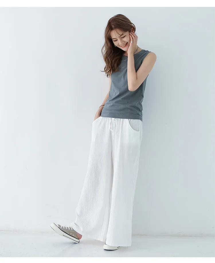 Japanese Wide Leg Pants Women Summer High Waist Cotton Blend Long Casual Loose Line Straight Jeans Drawstring Pants