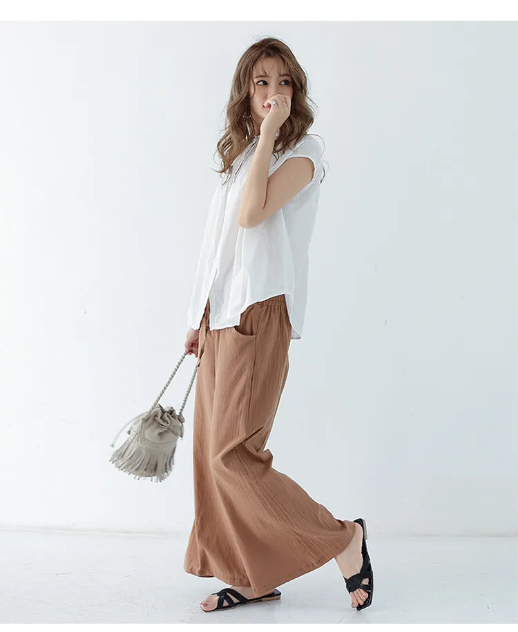 Japanese Wide Leg Pants Women Summer High Waist Cotton Blend Long Casual Loose Line Straight Jeans Drawstring Pants