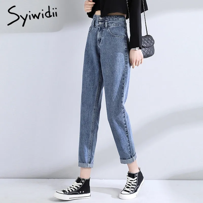 Joskaa High Waist Jeans Woman Fashion Street Style Elastic Waist Denim Pants Cotton Loose Coated Vintage Washed Boyfriend Jeans 2024