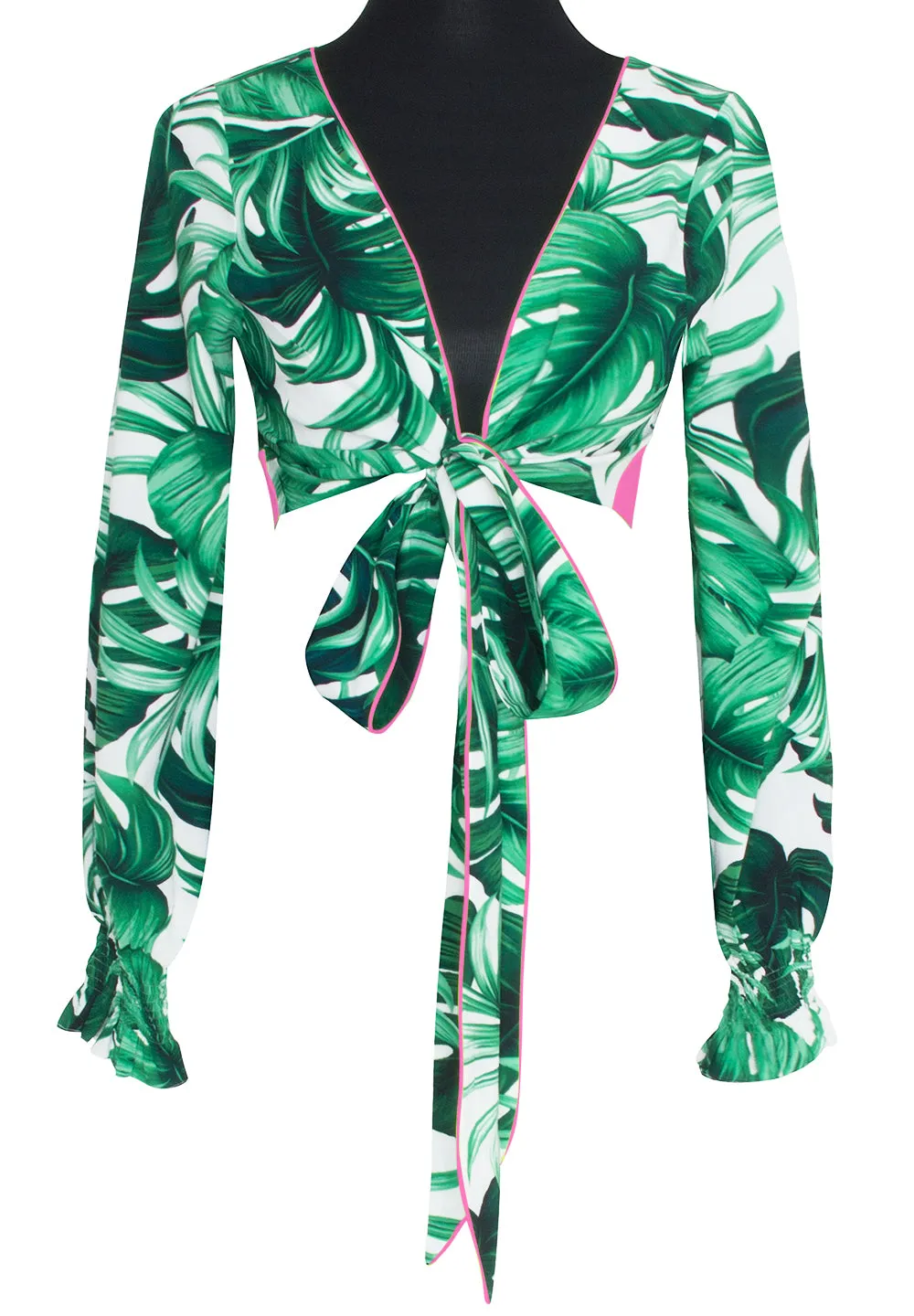 Jungle - Monstera White / Green Crop Top (Neon Pink)