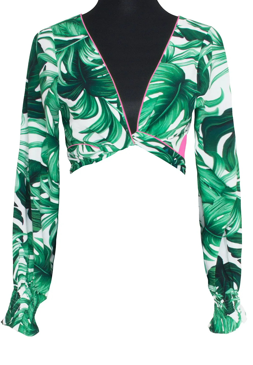 Jungle - Monstera White / Green Crop Top (Neon Pink)