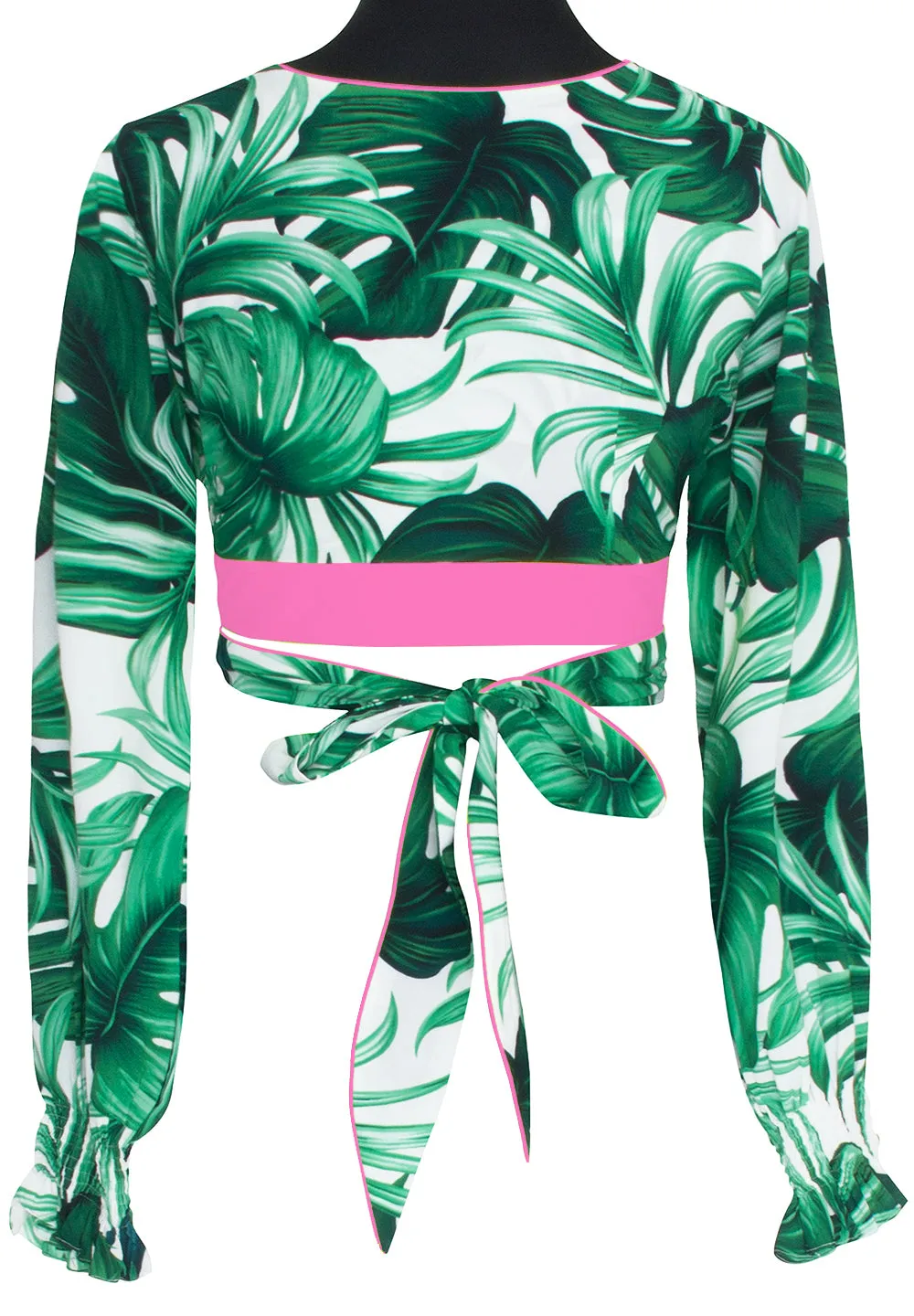 Jungle - Monstera White / Green Crop Top (Neon Pink)