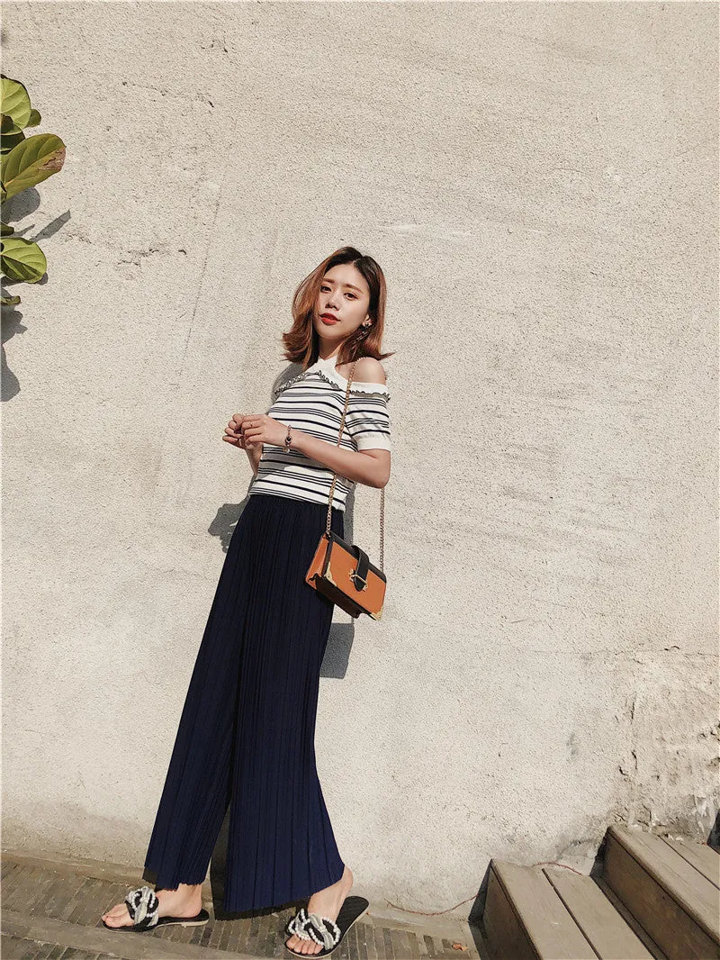 Korean Summer High Waist Pleated Chiffon Wide Leg Pants Women Student Hong Kong Loose Pants